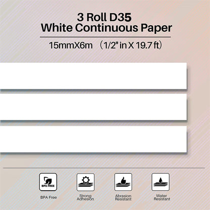 Phomemo 3 Roll D30/D35 Adhesive White Continuous Thermal Label Paper 1/2 in X 20 Ft (15mm X 6m) Black on White, for Phomemo D30/D35 Label Maker for Home Office School Organization, Gift for Decoration