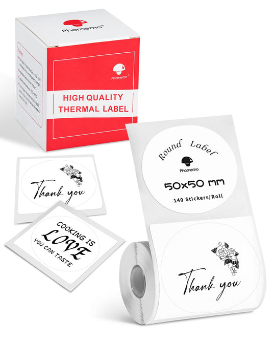 Phomemo Thermische sticker voor labelprinter M120/M220/M110/M200, 1,96 inch x 1,96 inch (50 x 50 mm), rond stickerpapier voor logo-afdrukken, markering van huishoudelijke artikelen enz.