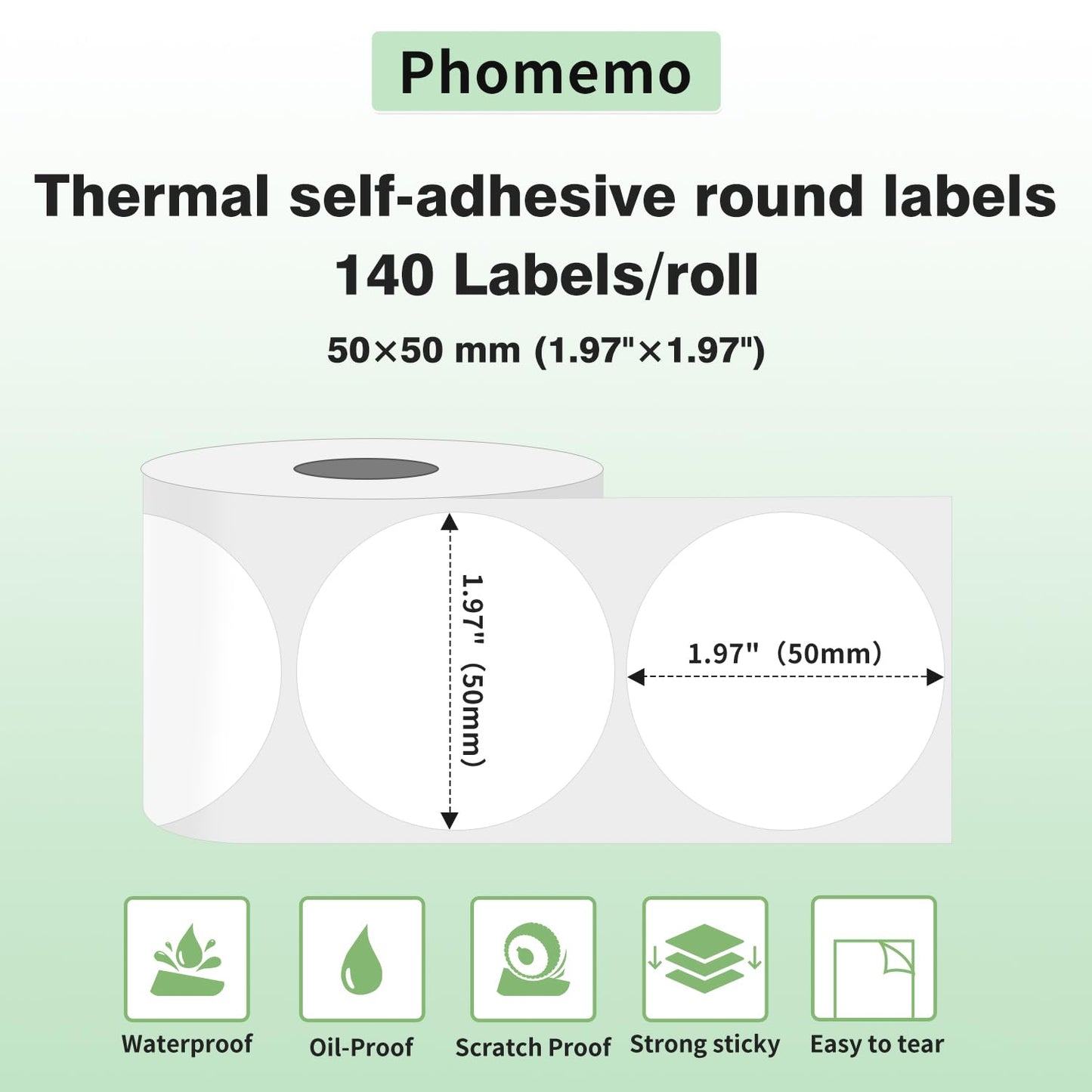 Phomemo Rotonda Etichetta M110 Etichetta termica,Etichetta Autoadesiva,Etichette Rotonda 50 x 50mm (1,96''x 1,96''),per stampante di etichette Phomemo M200/M110/M120/M220/M221,140 etichette/rotoli