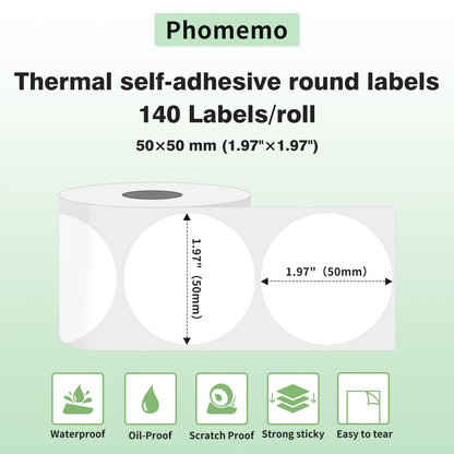 Phomemo Rotonda Etichetta M110 Etichetta termica,Etichetta Autoadesiva,Etichette Rotonda 50 x 50mm (1,96''x 1,96''),per stampante di etichette Phomemo M200/M110/M120/M220/M221,140 etichette/rotoli