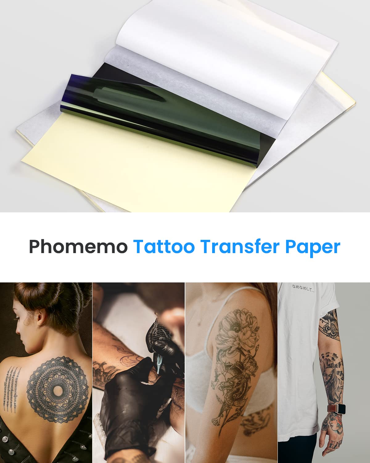 Phomemo Transferencia T¨¦rmica Para Tatuaje, Papel T¨¦rmico de impresora Plantilla para Tatuaje, tatuaje temporal A4, Compatible Con Impresoras De Tatuaje M08F, Tama?o A4 210x297mm, 150 hojas