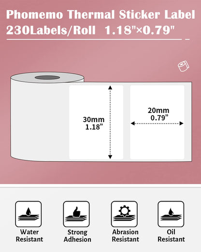 Phomemo Thermal Labels for M110/M221/M220/M120/M200 Label Printer,1.18'' x 0.79'' (30x20mm), 320 Labels/Roll, Black on White