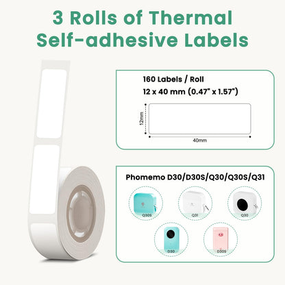 Phomemo - Rollo de etiquetas para etiquetas D30, Q30, Q31, Q30S, D30, 12 mm x 40 mm, 3 unidades, 160 etiquetas y rollo