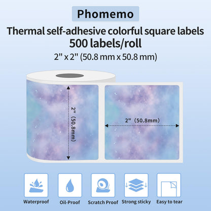 Phomemo ¨¦toiles ¨¦tiquettes carr¨¦es color¨¦es ¨¦tiquettes thermiques auto-adh¨¦sives, 2 ''* 2'' (50x50mm), 500 ¨¦tiquettes/rouleau ¨¦toiles ¨¦tiquettes carr¨¦es violettes