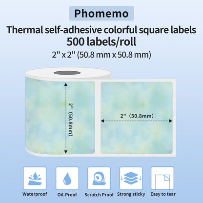 Phomemo ¨¦tiquettes thermiques autocollantes Starry Sky Colourful Square 50 x 50 mm ¨¦tiquettes thermiques multicolores Vert ciel ¨¦toil¨¦ 500 ¨¦tiquettes/rouleau