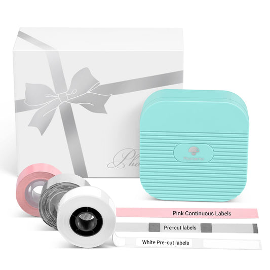 Phomemo Set regalo stampante di etichette Bluetooth Q31, mini etichettatrice per iOS e Android, etichettatrice autoadesiva per casa e ufficio con 3 rotoli di etichette (verde)