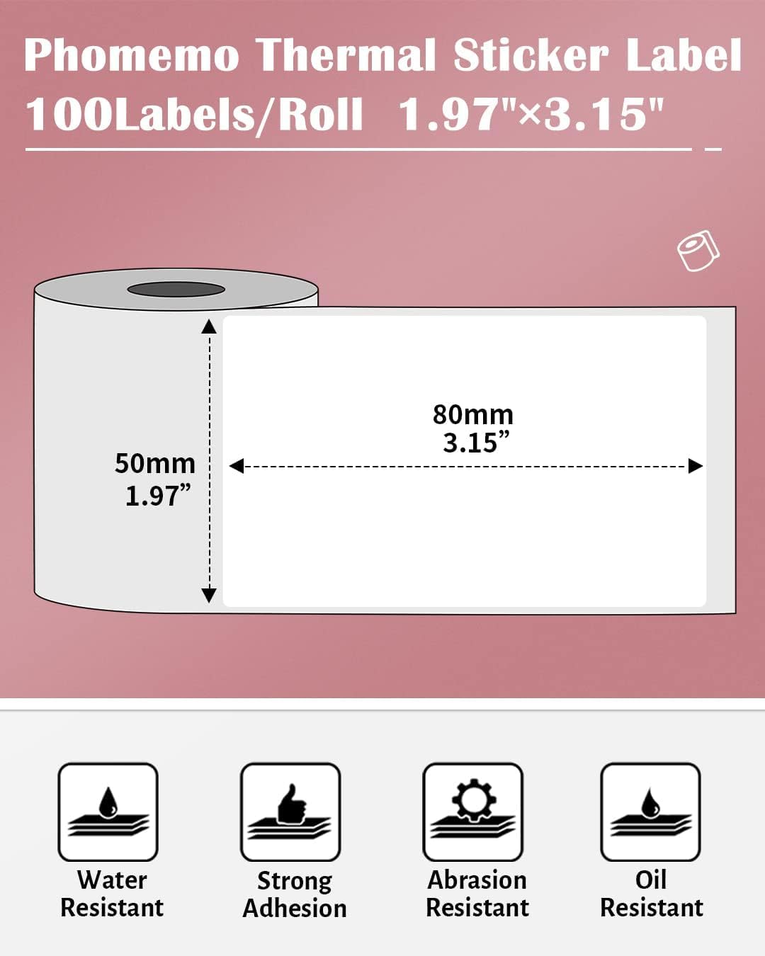 Phomemo 3 Rolls M110/M221/M220/M120/M200/M110S Thermal Paper 1.97''x3.15''(50x80mm)- Multi-Purpose Square Self-Adhesive Label, 100 Labels/Roll, Black on White