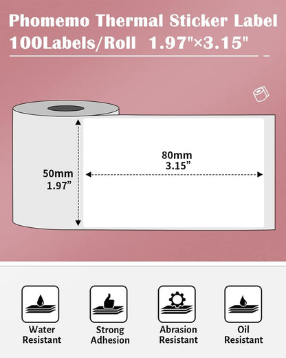 Phomemo 3 Rolls M110/M221/M220/M120/M200/M110S Thermal Paper 1.97''x3.15''(50x80mm)- Multi-Purpose Square Self-Adhesive Label, 100 Labels/Roll, Black on White