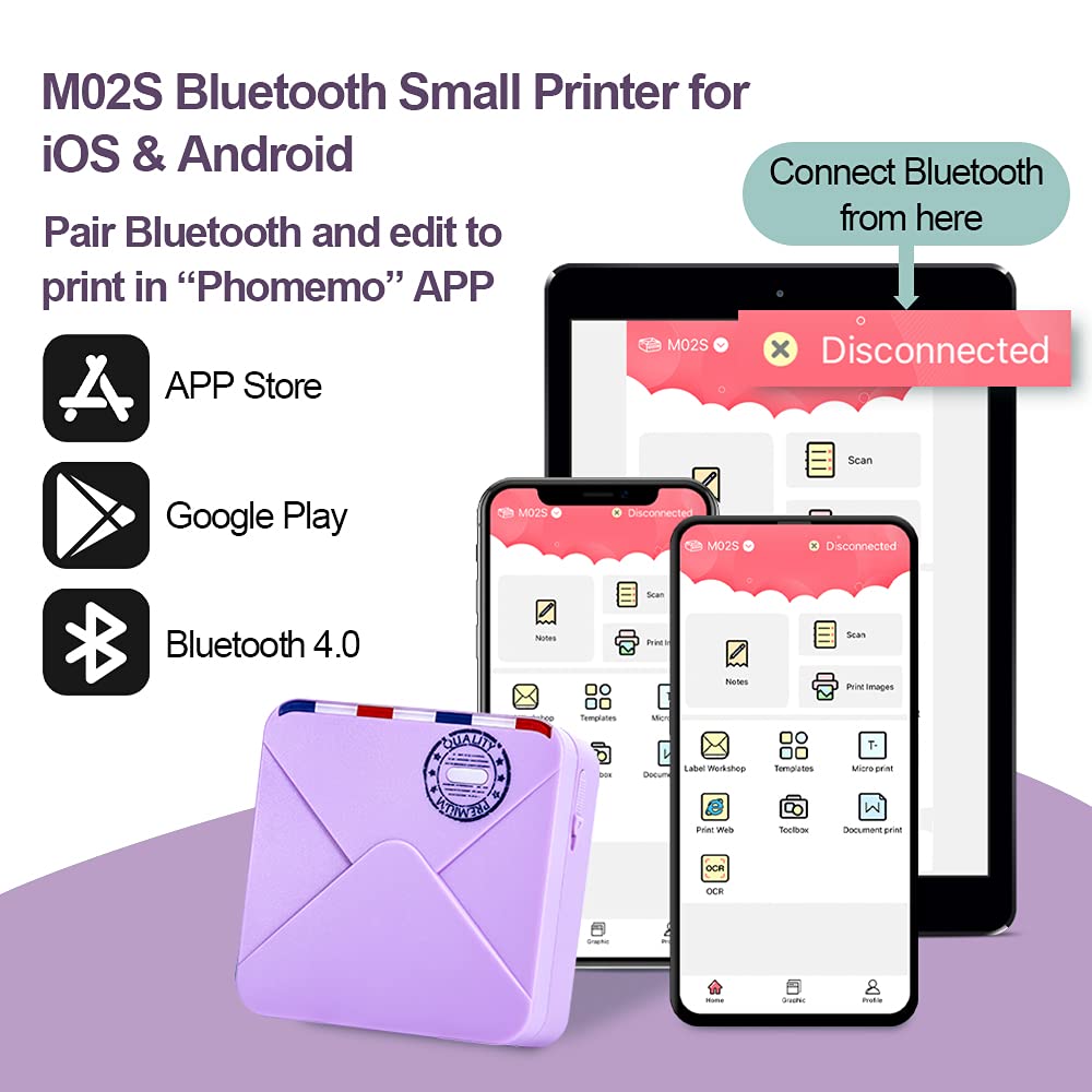 M02S Mini Foto?raf Yaz?c? Seti Kablosuz Bluetooth 300dpi Ta??nabilir HD Bask? ?arj Edilebilir Pil ile, G¨¹nl¨¹k Organizasyon Foto?raflar? i?in Uygun, Phomemo iPhone ve Android ile uyumlu, Mor