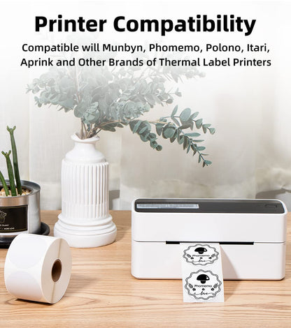 Phomemo 2'' Round White Labels, 750 Labels/Roll Compatible with MUNBYN Phomemo, Polono Label Printers, BPA Free Shipping Labels, Self Adhesive Thermal Labels for Logo, Code DIY