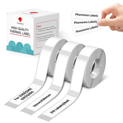 Phomemo 3 rotoli di etichette termiche adesive , 12 mm * 30 mm, compatibile con stampante di etichette Phomemo D30, per la casa, la scuola, 210 pezzi/rotolo, 3 rotoli (etichetta bianca)