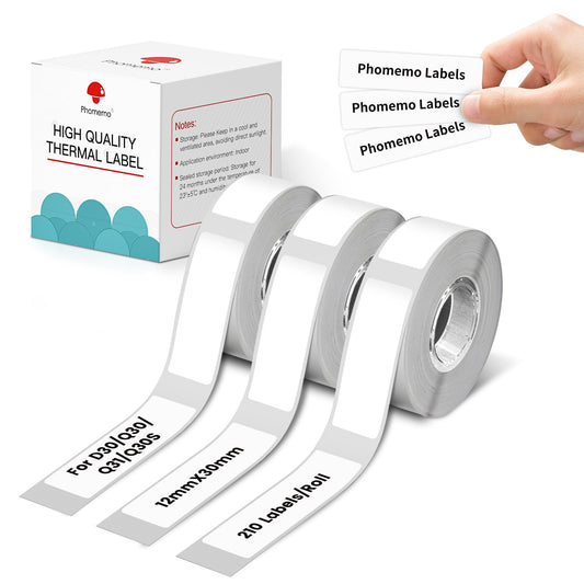 Phomemo 3 rotoli di etichette termiche adesive , 12 mm * 30 mm, compatibile con stampante di etichette Phomemo D30, per la casa, la scuola, 210 pezzi/rotolo, 3 rotoli (etichetta bianca)