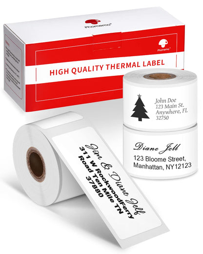 Phomemo 3 roll adhesive address labels for label printers M120/M220/M110/M200, 25 x 67 mm (0.98 x 2.64 inch), self-adhesive label paper, 130 labels/roll, white
