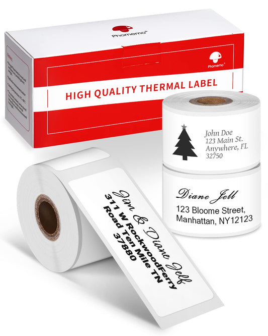Phomemo 3 roll adhesive address labels for label printers M120/M220/M110/M200, 25 x 67 mm (0.98 x 2.64 inch), self-adhesive label paper, 130 labels/roll, white