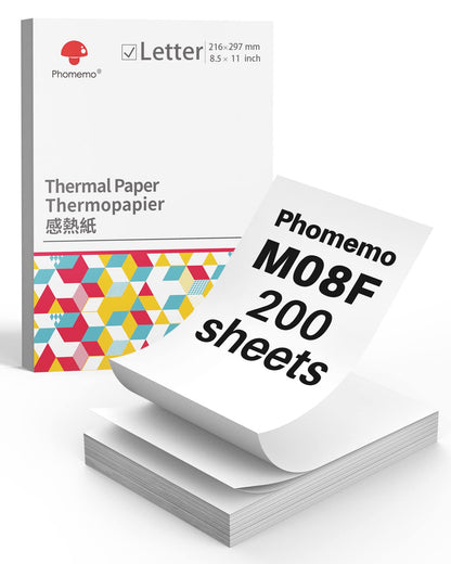 Phomemo US Letter Thermal Printer Paper,Continuous Phomemo M08F Thermal Paper,Compatible with COLORWING M08F, M832, M834, MT800/MT800Q, with Brother Letter Portable Printer, Size 8.5'' x 11'',200 Sheets