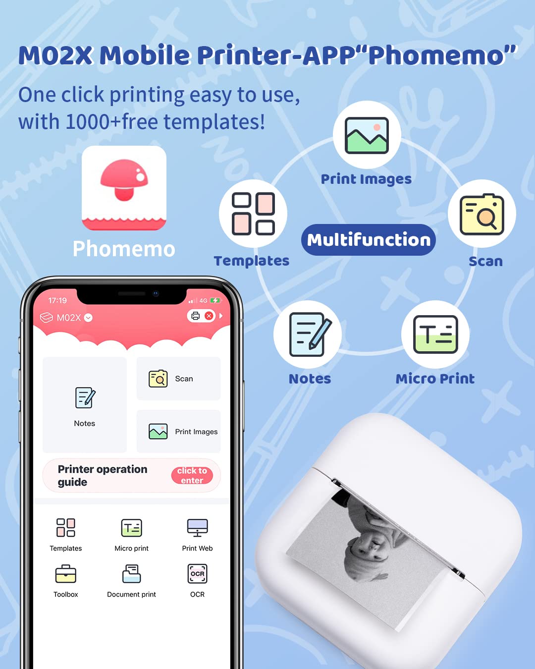 Phomemo Pocket Sticker Printer- M02X Mini Printer Bluetooth Thermal Portable Mobile Printer, Inkess Printer for School, Work, Home Use, White
