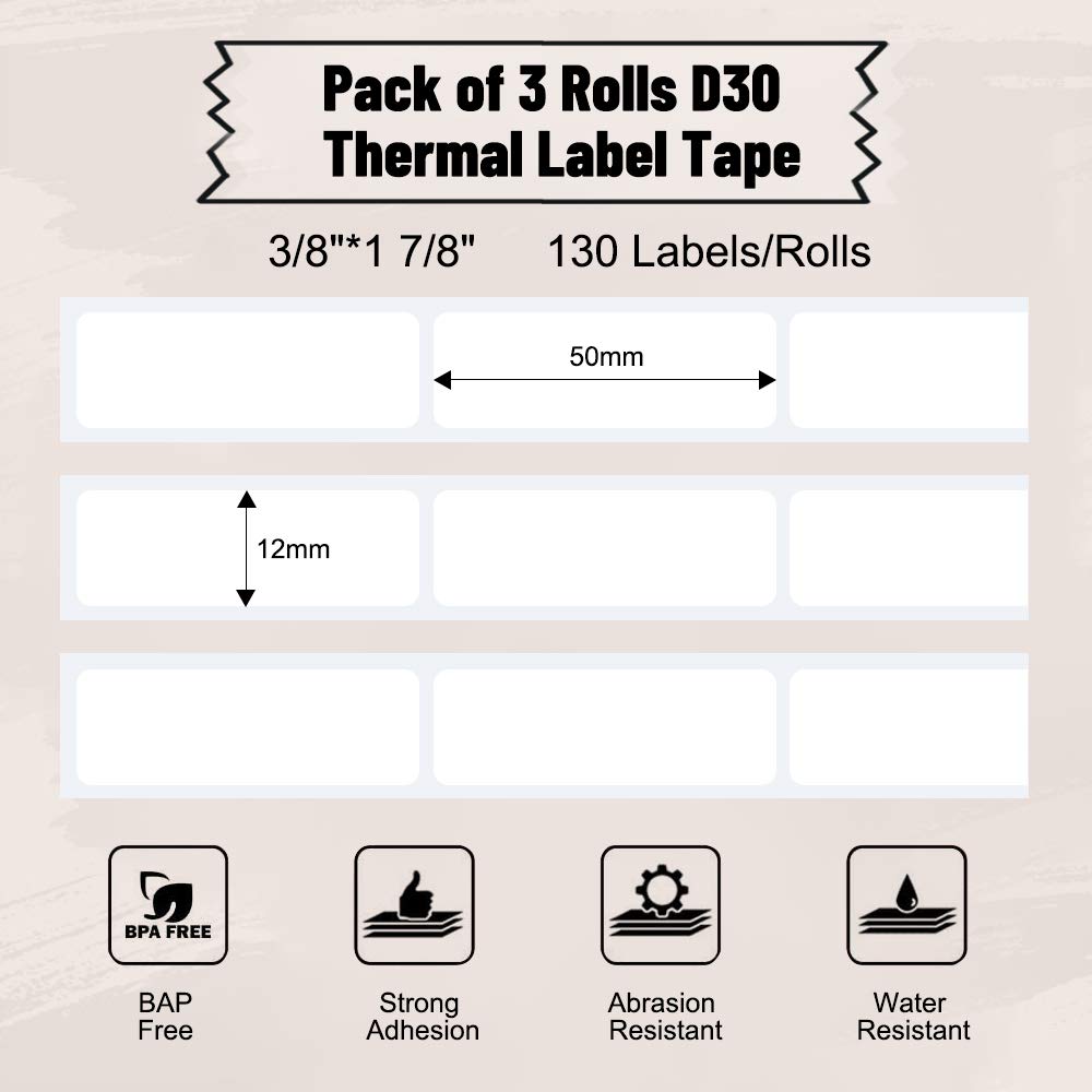 Phomemo 3 Roll Adhesive White Labels for D30 Portable Thermal Label Maker 3/8'' X 1 7/8'' (12mm X 50mm) 130 Labels/Roll, D30 Thermal Printing Label Paper, Black on White