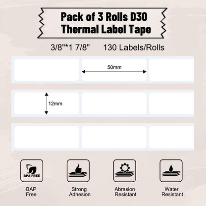 Phomemo 3 Roll Adhesive White Labels for D30 Portable Thermal Label Maker 3/8'' X 1 7/8'' (12mm X 50mm) 130 Labels/Roll, D30 Thermal Printing Label Paper, Black on White