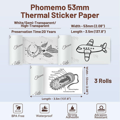 Papier thermique autocollant Phomemo pour mini imprimante thermique M02/M02S/M02Pro/M03/M03AS/M04S/M04AS, 53 mm x 3,5 m, papier imprimante blanc/transparent/semi-transparent, 3 rouleaux