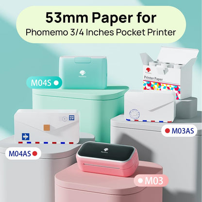 Phomemo Selbstklebendes Thermopapier f¨¹r Phomemo M02/M02S/M02Pro/M03/M03AS/M04S/M04AS Mini Thermodrucker, 53mm x 3,5m, Wei?/Transparentes/Halbtransparent Druckerpapier, 3 Rollen