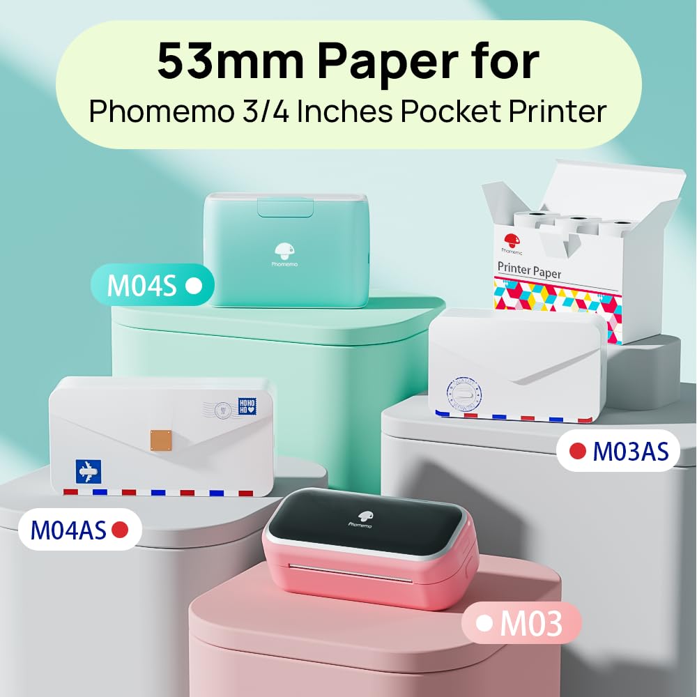 Papier thermique autocollant Phomemo pour mini imprimante thermique M02/M02S/M02Pro/M03/M03AS/M04S/M04AS, 53 mm x 3,5 m, papier imprimante blanc/transparent/semi-transparent, 3 rouleaux