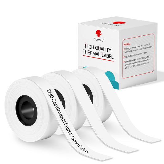 Phomemo D30 Continuous White Label Paper ? 0.59''x23.62'' ? (15mm X 6m) ? Black on White ? Compatible for D30 Label Maker ? Thermal Printing Inkless & Clean ? Labeling for Home Organization & Office