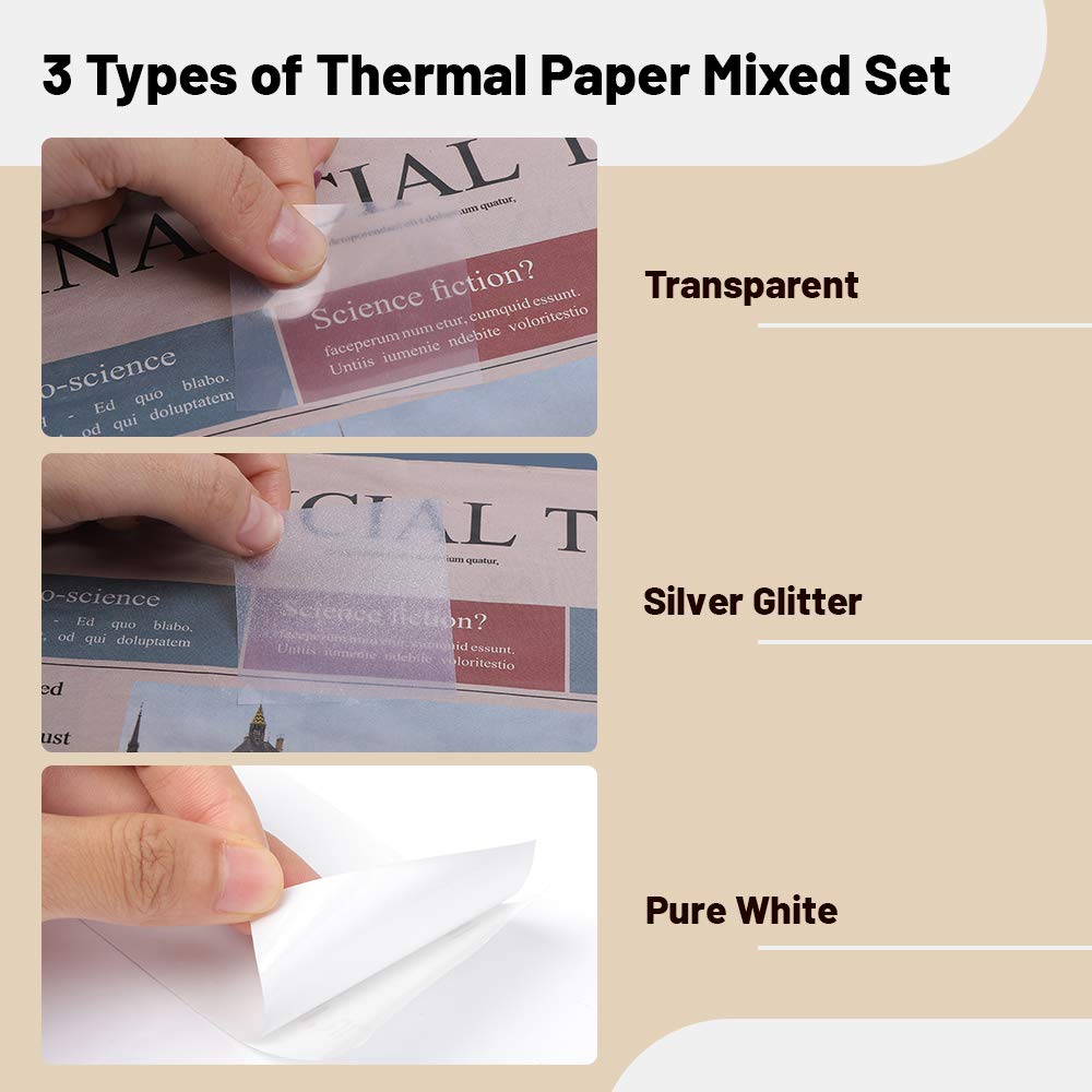 Phomemo Printer Paper - M02/M02Pro/M02S/M03/M03AS/M04S/M04AS Mini Sticker, Printer Paper, Transparent/Silver Glitter/White Paper with 53mm x 3.5m Adhesive Decal Paper, 3 Rolls