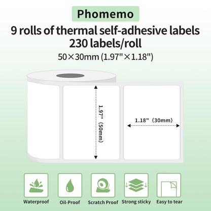 Phomemo 9 Rouleaux Etiquettes M110 Etiquettes Autocollante Multifonction pour étiquettes thermiques,1,96''x1,18'' (50x30mm),adapté à Étiqueteuses Phomemo M110 M200 M120 M220 M221,230 étiquettes/Rouleau