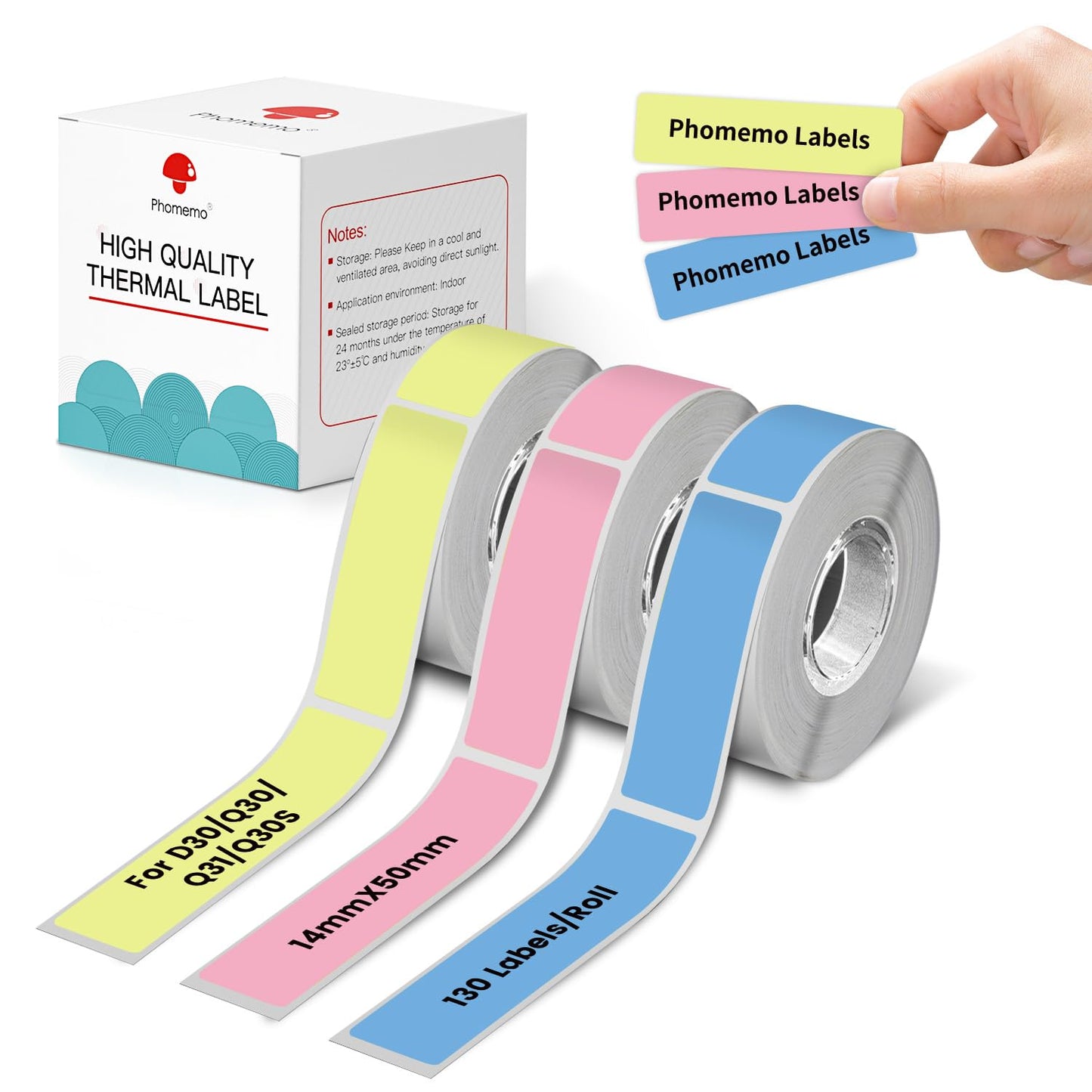 Phomemo 3 rotoli di etichette termiche adesive, 14 mm * 50 mm, compatibile con la stampante di etichette Phomemo D30, per la casa, la scuola, 130 / rotolo, 3 rotoli (blu,polvere,giallo)