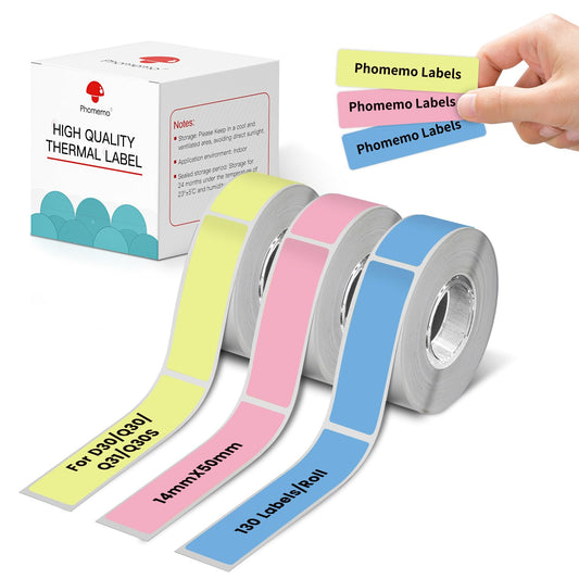 Phomemo 3 rotoli di etichette termiche adesive, 14 mm * 50 mm, compatibile con la stampante di etichette Phomemo D30, per la casa, la scuola, 130 / rotolo, 3 rotoli (blu,polvere,giallo)