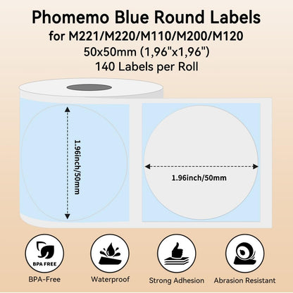 Phomemo Okrągłe, kolorowe etykiety samoprzylepne 50 x 50 mm, papier termiczny do drukarek etykiet Phomemo M110/M221/M200/M120/M220, 140 etykiet w rolce (niebieskie)