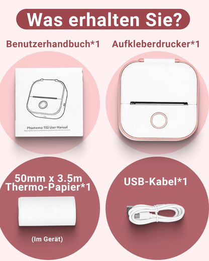 Phomemo T02 printer, mini-sticker, fotoprinter voor mobiele telefoons, thermische printer voor smartphone, 203 dpi handstickerprinter, sticker bluetooth-printer voor organizer, tieners, preppy