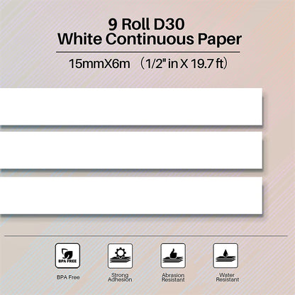 Phomemo 9 Roll D30 Adhesive White Continuous Thermal Label Paper 1/2 in X 20 Ft (15mm X 6m) Black on White, for Phomemo D30/D35 Label Maker