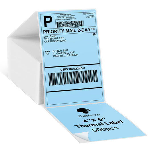 Phomemo Blue Shipping Labels- 4X6'' Thermal Shipping Labels -Fan-Fold Labels-for Shipping Labels, Address, Mail, Product Logo Labels, Barcode, 500pcs