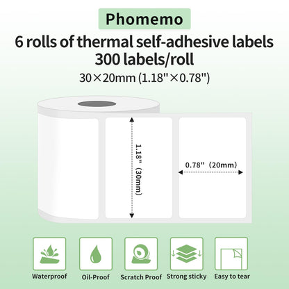 Phomemo 6 rotoli Etichette M110 Etichetta autoadesiva multifunzionale, 1.18''¡Á0.78''(30¡Á20mm), adatta per stampante etichette Phomemo M110 M200 M120 M220 M221, 320 etichette/rotolo,6 rotoli