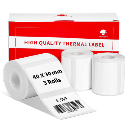 3 Rollen Phomemo M120/M110 Etiketten, 1.57''x 1.18'' (40 x 30 mm) Thermoetikettenpapier für Phomemo M120/M110/M200/M220 Etikettendrucker, Thermoetikett, Weißes Thermopapier, 100 Etiketten/Rolle