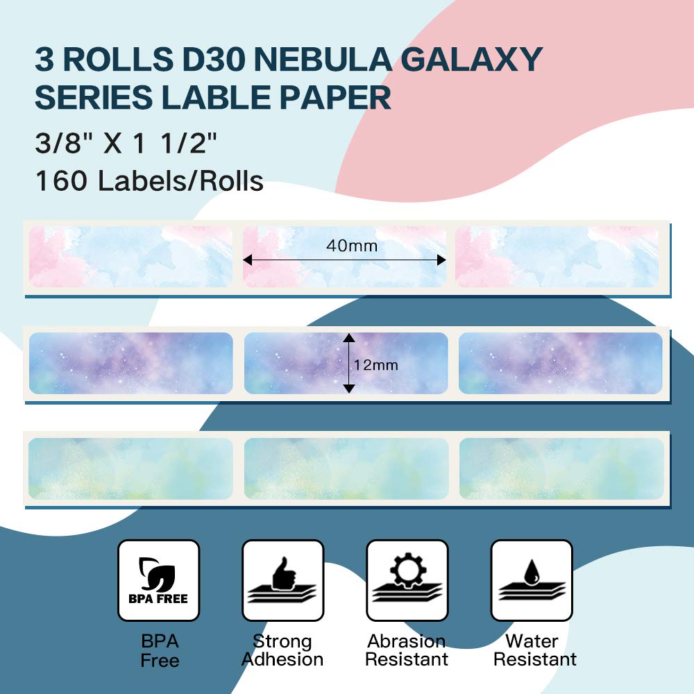 Phomemo zelfklevende thermo-labels, 3 rollen, 12 mm x 40 mm, compatibel met de PhomemoD30 labelprinter, geschikt voor thuis, kantoor, school, 160 / rol, in totaal 3 rollen (sterrenhemel)