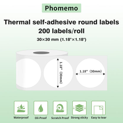 Phomemo ¨¦tiquette thermique,¨¦tiquette ronde auto-adh¨¦sive multifonctionnelle,adapt¨¦e ¨¤ l'imprimante d'¨¦tiquettes Phomemo M110 / M200.30x30mm (1.18''x1.18 ''),200 / rouleau,(¨¦tiquette ronde blanche)