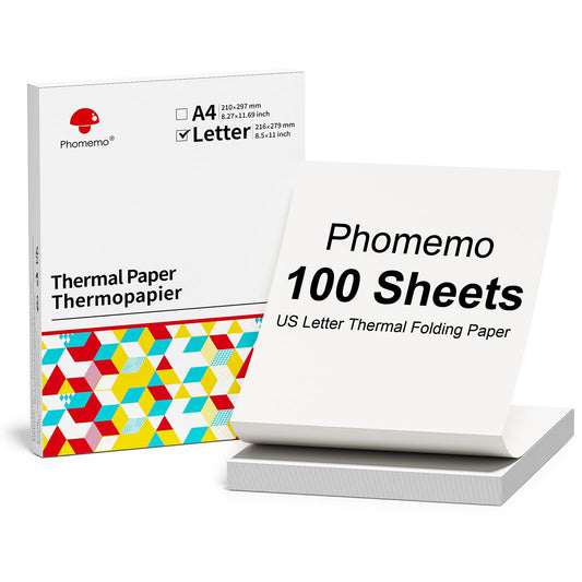 Phomemo Papier pliable continu Format lettre US, 216 mm x 279 mm (8,5'' x 10,98''), compatible avec l'imprimante portable A4 P831/M832/M833/M834, pour entreprise, photo, factures, contrats, 100 feuil