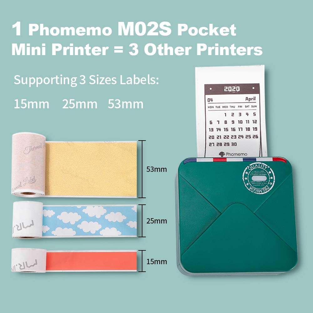 M02S Pocket Printer - Mini Wireless Bluetooth Portable Thermal 300dpi HD Rechargeable Photo Printer for Journal Gift Card Photos and More Printing, Compatible with Phomemo iPhone and Android, Green