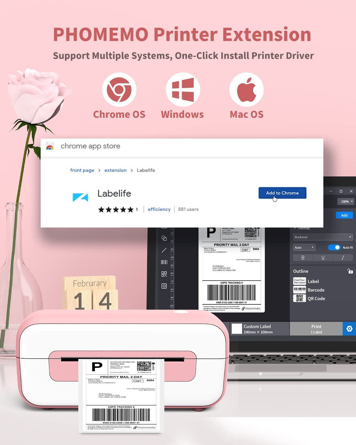 Phomemo PM246S Imprimante d'¨¦tiquettes DHL pour Mac/PC, ¨¦tiquettes d'exp¨¦dition autocollantes pour Amazon, Etsy, Shopify, Royal Mail, DHL, FedEx-Rose