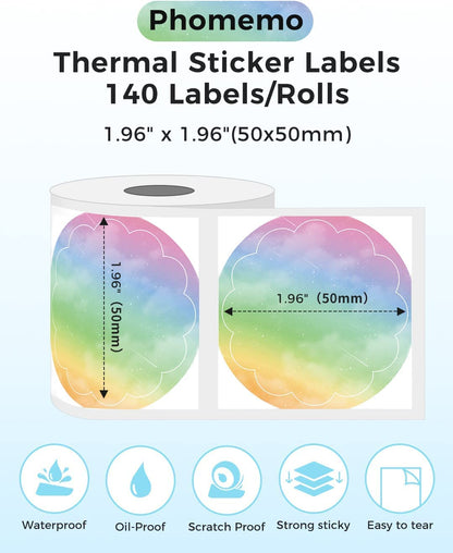 Phmemo M110 M200 50 x 50 mm Iridescent Colour Labels, 140 Sheets/Roll, Iridescent Colour A, Door M110/M110S/M120/M200/M220, 50 x 50 mm Thermal Round Colour Tone Label