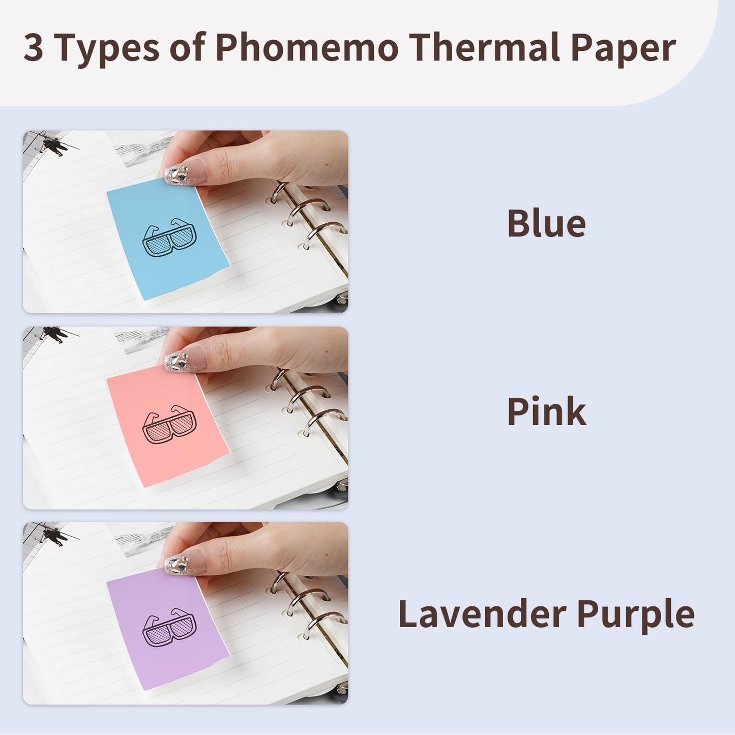 Phomemo 110 mm Farbdruckerpapier für M04S/M04AS Mini Taschendrucker, 3 Rollen selbstklebendes Thermo-Farbaufkleberpapier, 110 mm x 3,5 m, 20 Jahre Konservierung, Blau/Lila/Pink