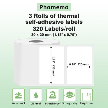 Phomemo 3 rolki etykiet M110, samoprzylepna, 30 mm x 20 mm, 320 etykiet / rolka, kompatybilna z drukarką etykiet Phommeo M200/M110/M220/M120, nadaje się do biura, gospodarstwa domowego, 3 rolki