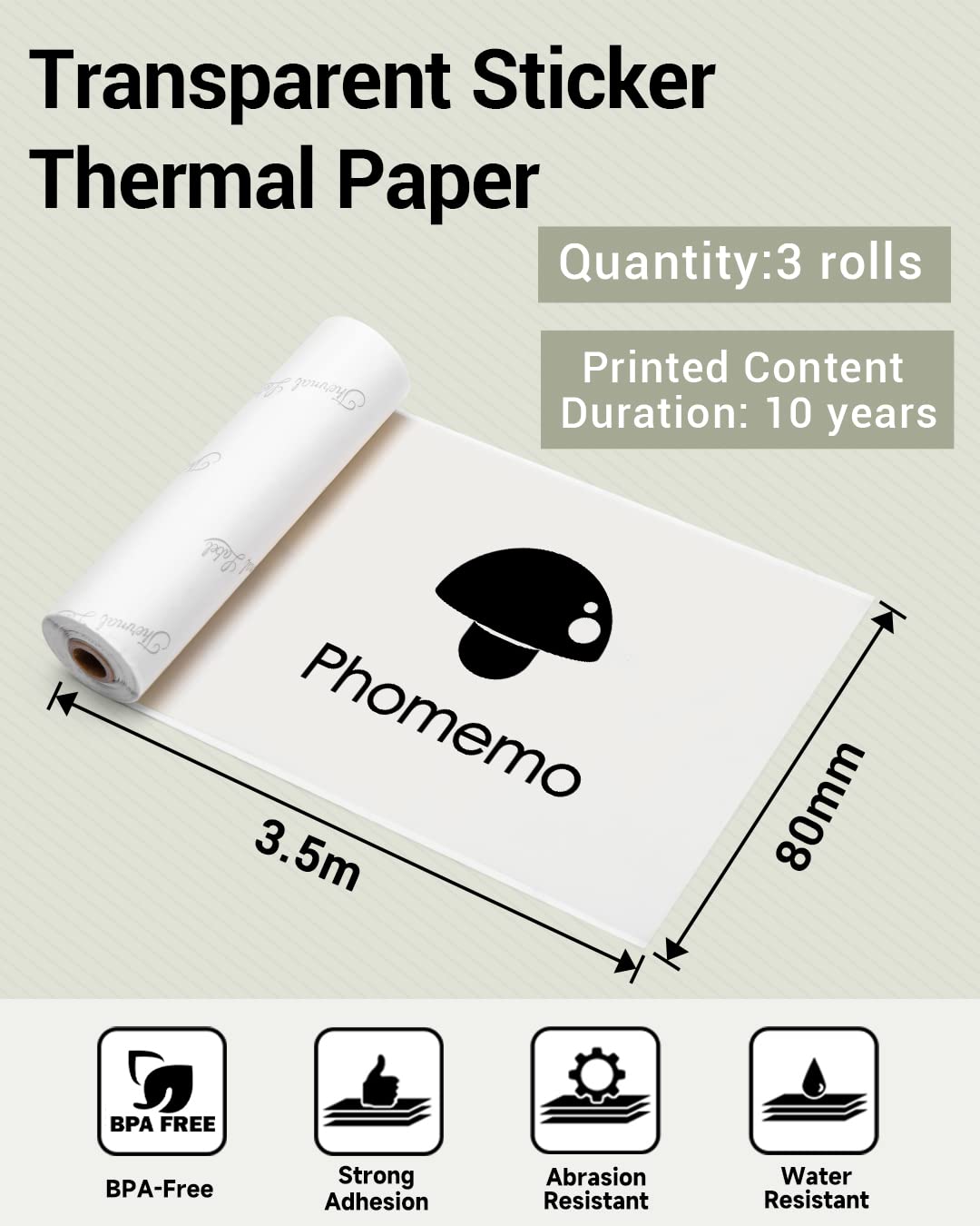 Phomemo Transparent Thermal self-Adhesive Sticker Paper for Phomemo M03/M03AS/M04S Portable Photo Printer Notes Printer, Black on White, 80mm, 3.1 Inch X 26.2 ft