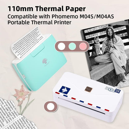 Phomemo 110 mm Weißes Selbstklebendes Thermo-Aufkleberpapier, Kompatibel mit Phomemo M04S/M04AS Wireless Handy Drucker, 110 mm x 3,5 m (4,33 ''x 137.8''), für Zeitschriften, Bildung, Aufkleber, 3 Rollen