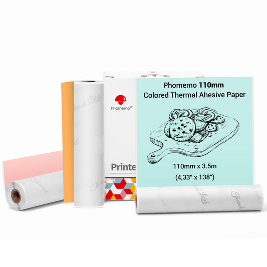 Phomemo 110 mm Farbdruckerpapier für M04S/M04AS Mini Taschendrucker, 3 Rollen selbstklebendes Thermo-Farbaufkleberpapier, 110 mm x 3,5 m, 20 Jahre Konservierung, Orange/Grün/Pink