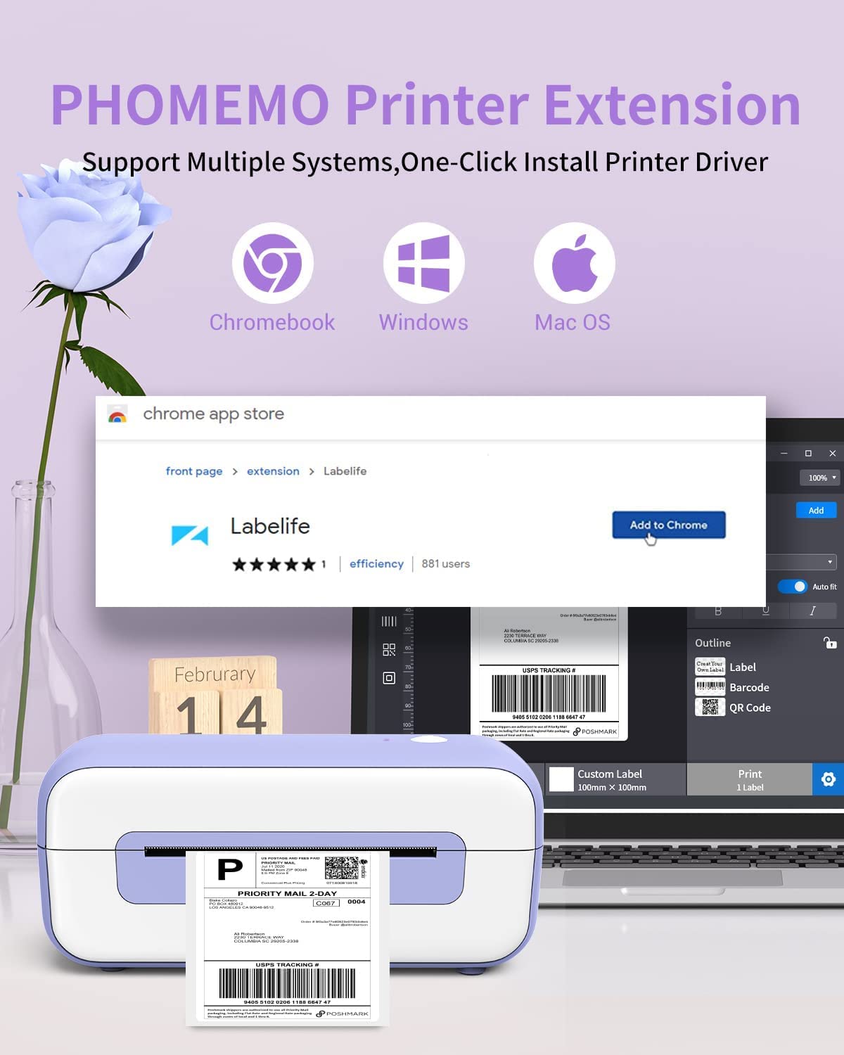 Phomemo PM246S Label Printer, DHL Thermal Printer for Mac/PC, Shipping Labels, Printer, Label Printer, Adhesive Label Printers for Amazon, Etsy, Shopify, Royal Mail, DHL, FedEx Purple