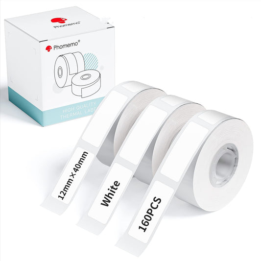 Phomemo Q30 Q30S Q31 Q32 D30 D35 D30S Label Paper, 12x40mm [ 3/8''x1 1/2''] Label Tape for Phomemo Q30/D30 Series Label Printer, Phomemo D30 Labels Suitable for School,Home,Name,160pcs/Roll, 3 Rolls