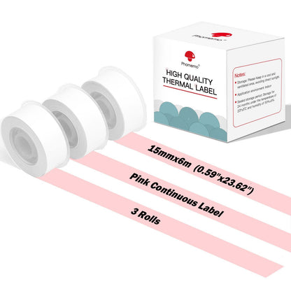 Phomemo D30 Continuous Adhesive Thermal Label Sticker Label 15mmx6m, 3roll, Pink, Waterproof, Oilproof, Used for Kitchen Marking, File Classification, Gift label or DIY label
